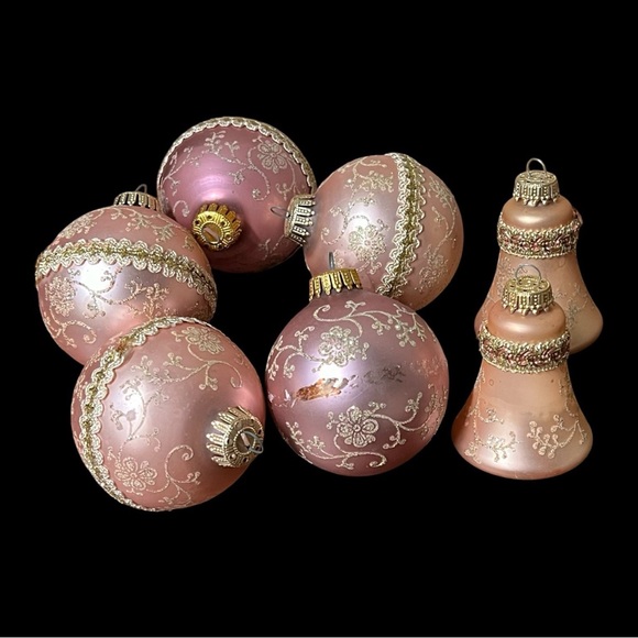 Source Unknown Other - Antique Pink and Gold Mercury Glass Christmas Ornaments - Krebs Bells and Balls